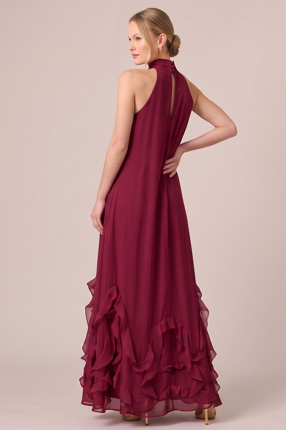 Fuchsia A-Line Halter Ruffled Long Formal Dress