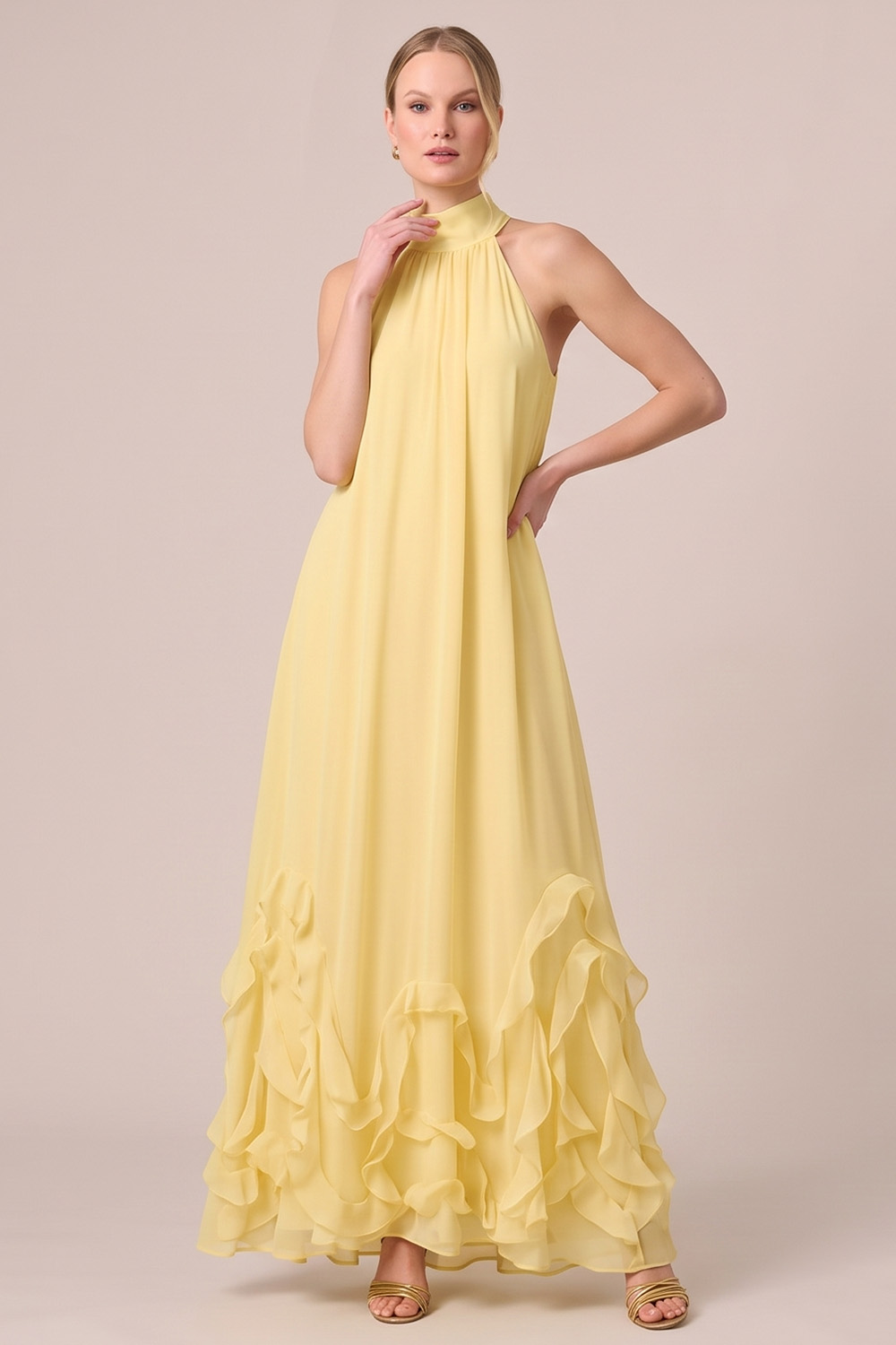 Fuchsia A-Line Halter Ruffled Long Formal Dress
