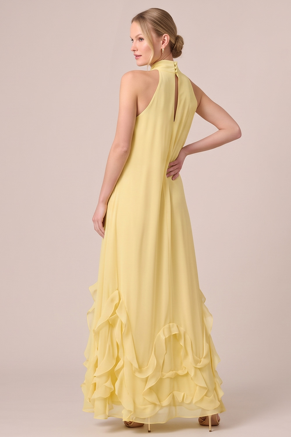 Fuchsia A-Line Halter Ruffled Long Formal Dress