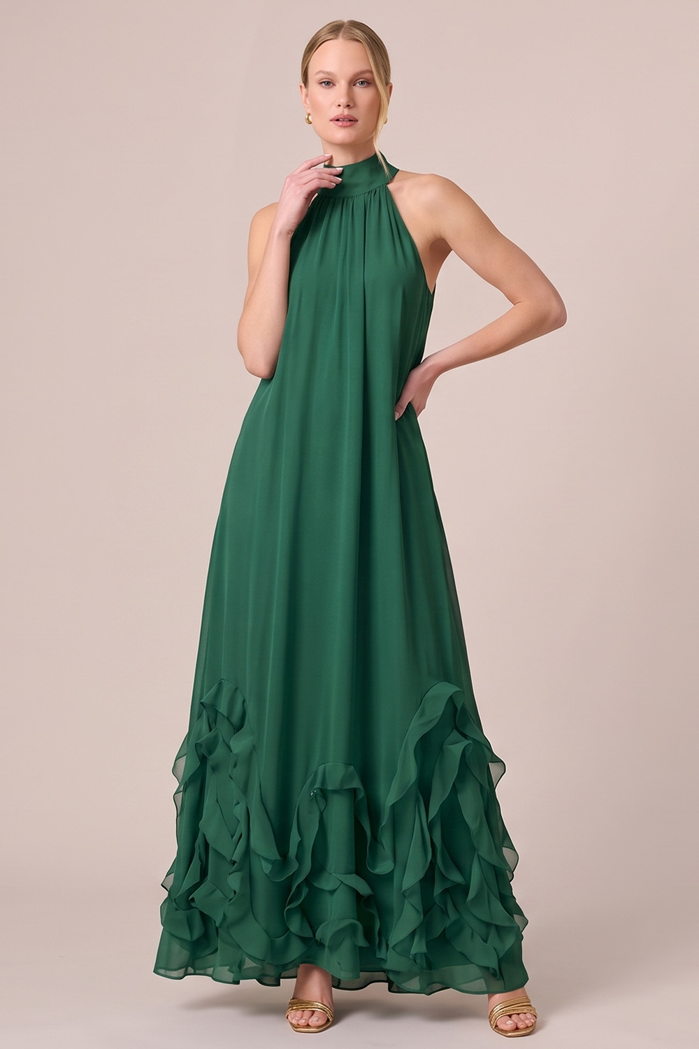 Fuchsia A-Line Halter Ruffled Long Formal Dress
