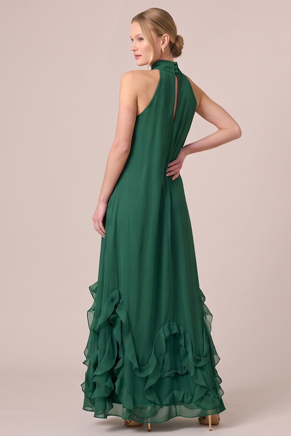 Fuchsia A-Line Halter Ruffled Long Formal Dress