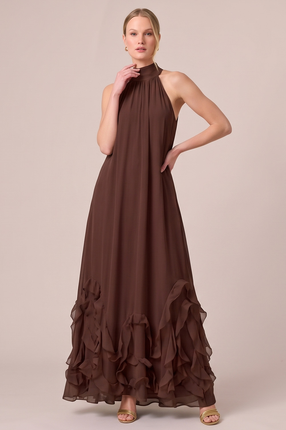 Fuchsia A-Line Halter Ruffled Long Formal Dress
