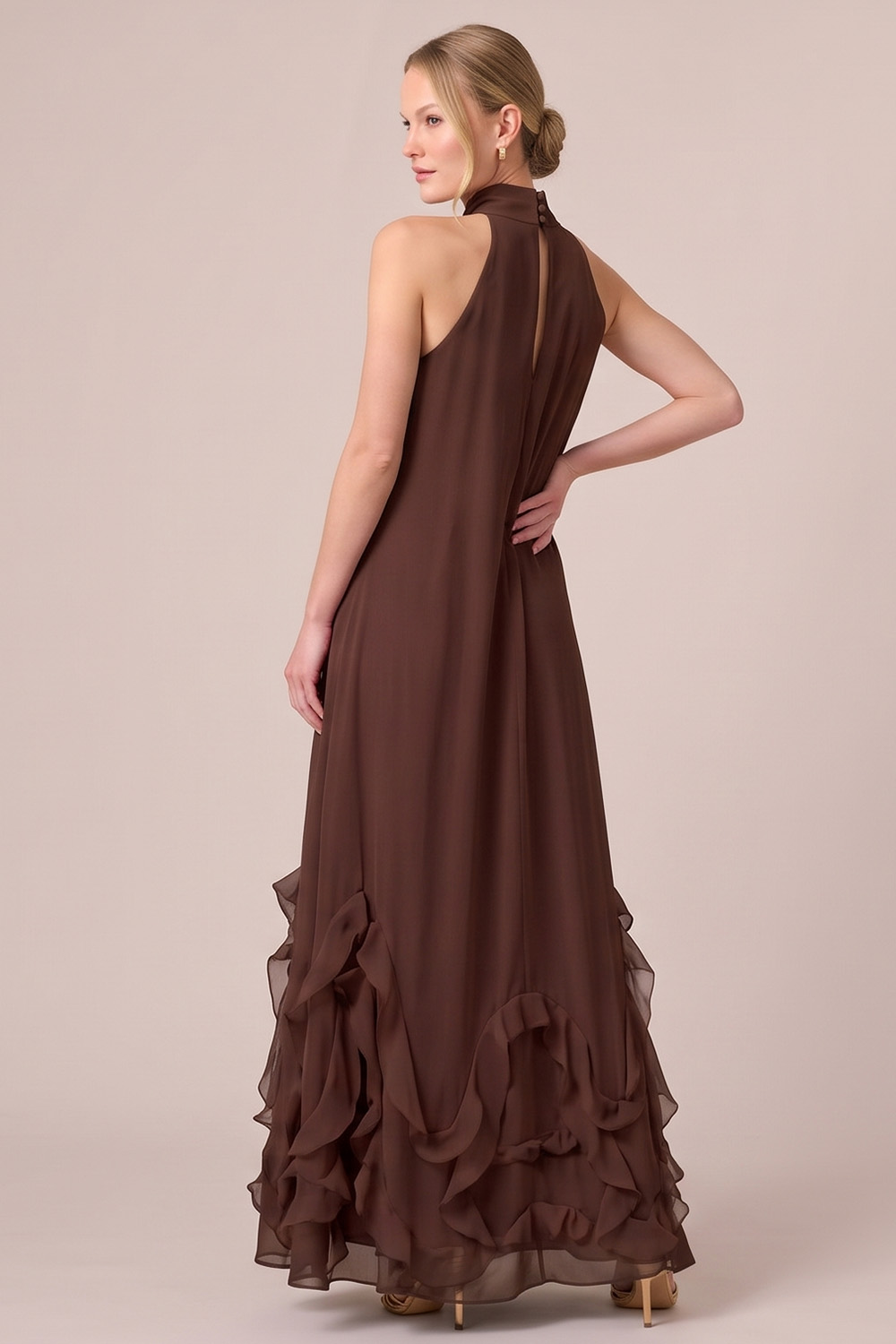 Fuchsia A-Line Halter Ruffled Long Formal Dress