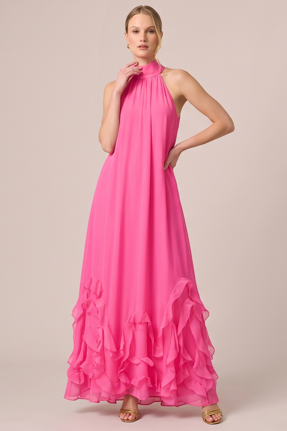 Fuchsia A-Line Halter Ruffled Long Formal Dress