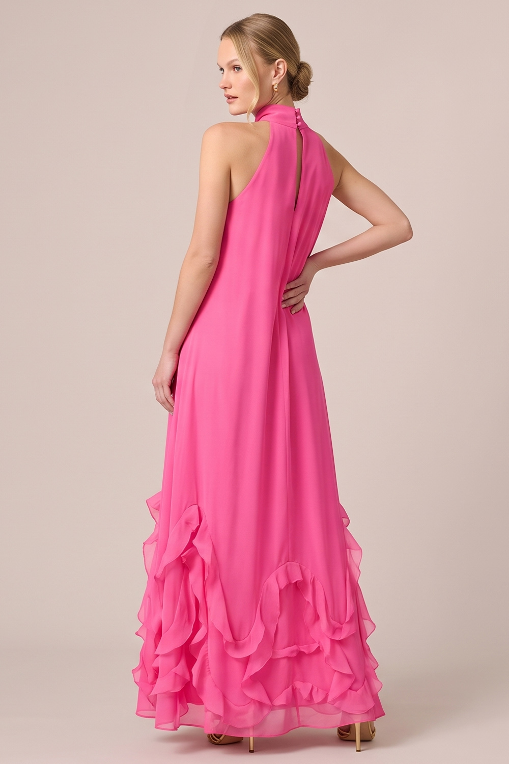 Fuchsia A-Line Halter Ruffled Long Formal Dress