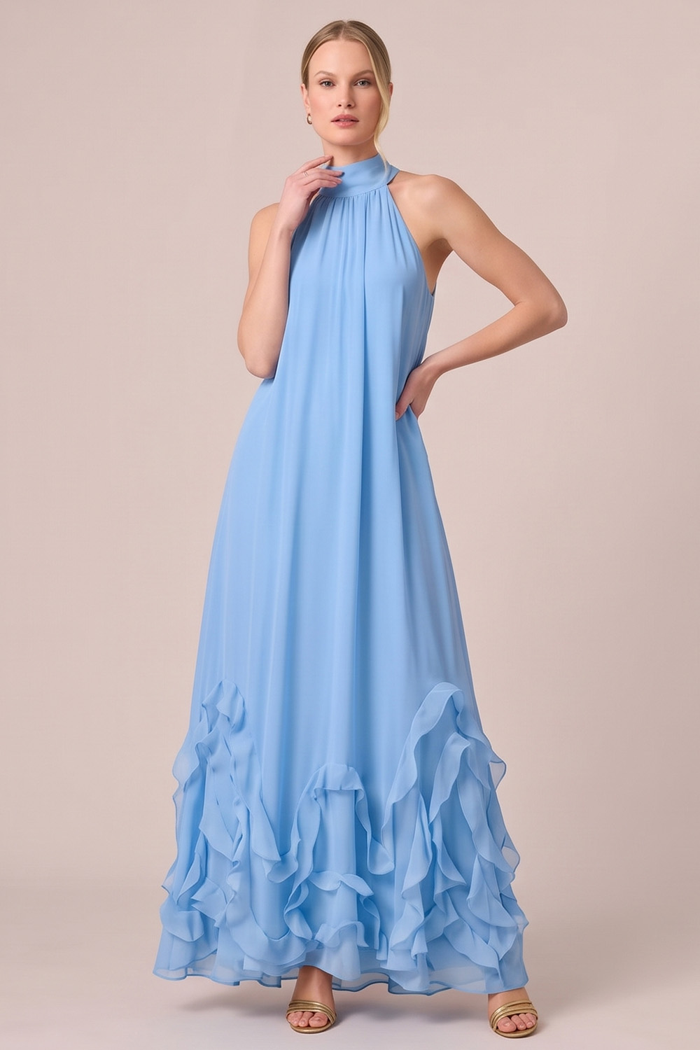Fuchsia A-Line Halter Ruffled Long Formal Dress