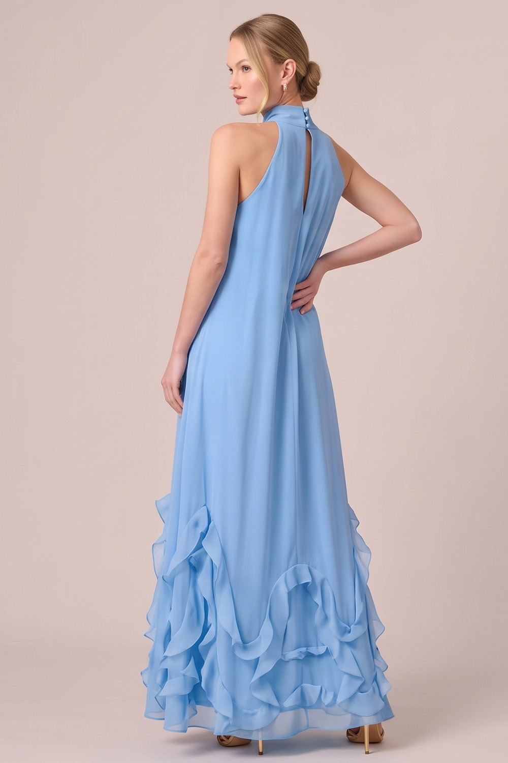 Fuchsia A-Line Halter Ruffled Long Formal Dress