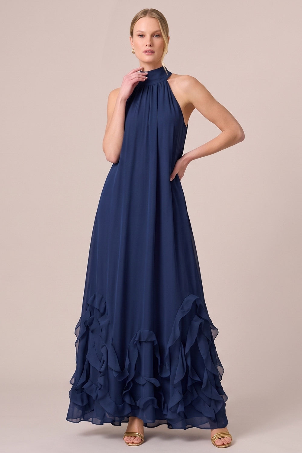 Fuchsia A-Line Halter Ruffled Long Formal Dress