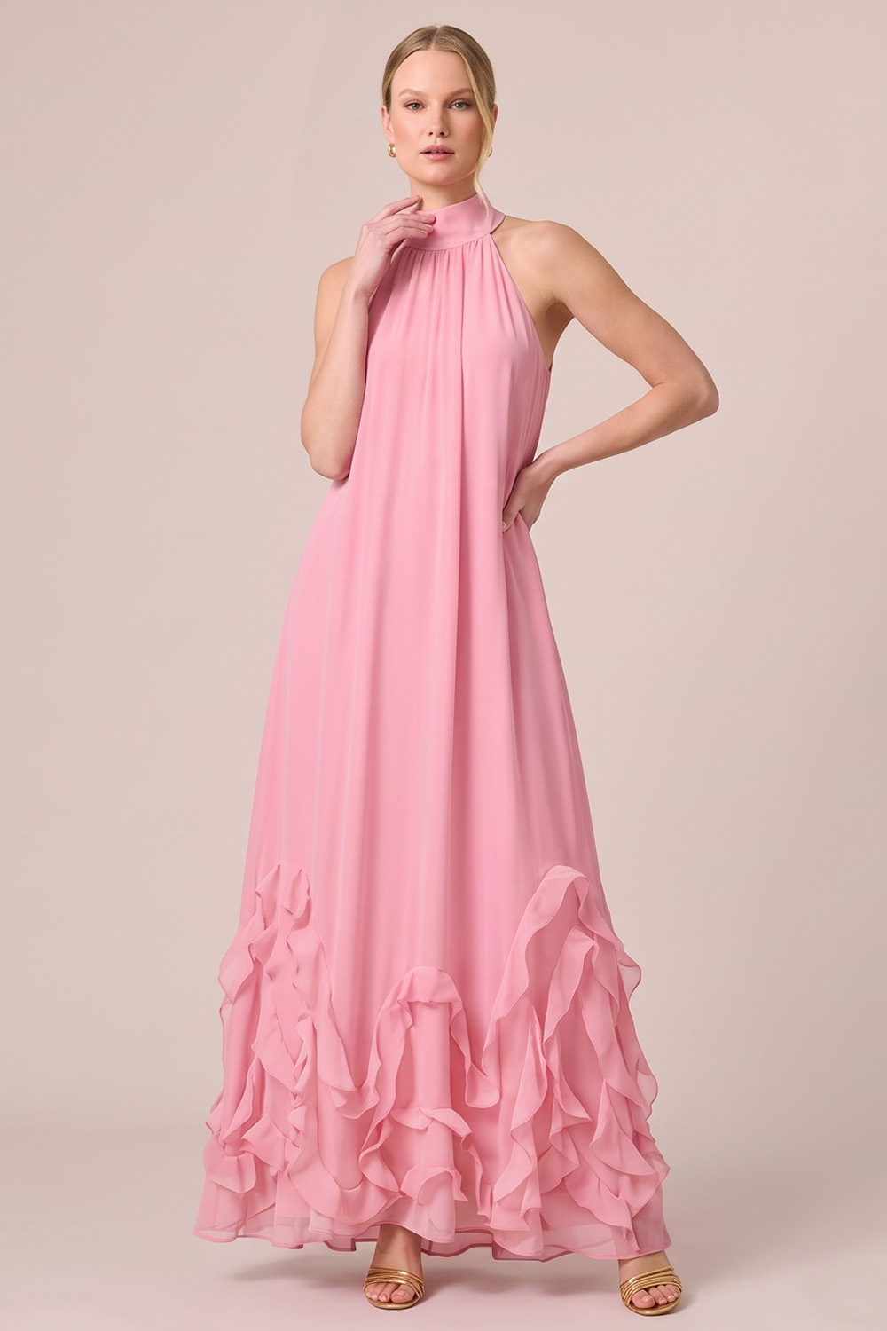 Fuchsia A-Line Halter Ruffled Long Formal Dress