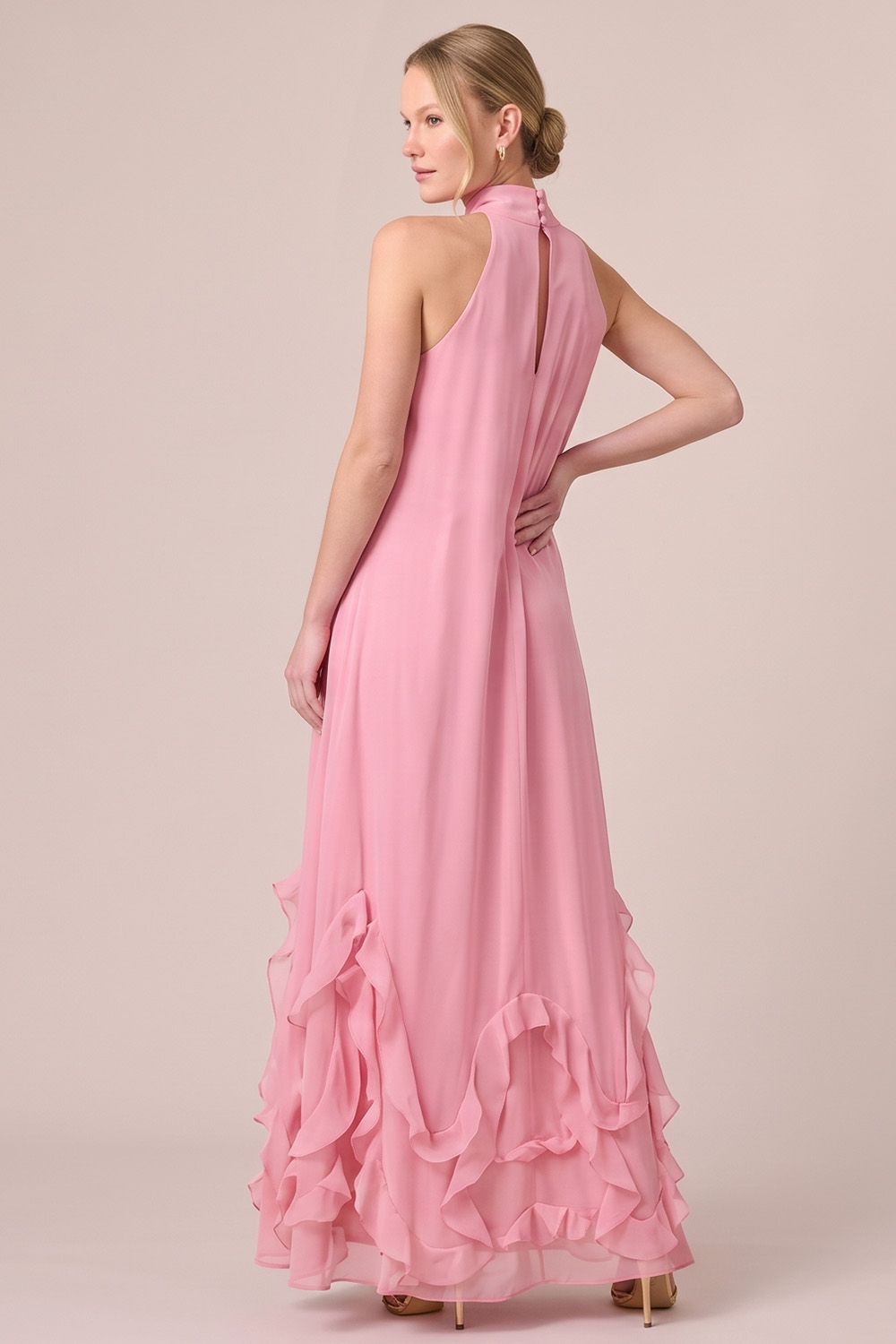 Fuchsia A-Line Halter Ruffled Long Formal Dress