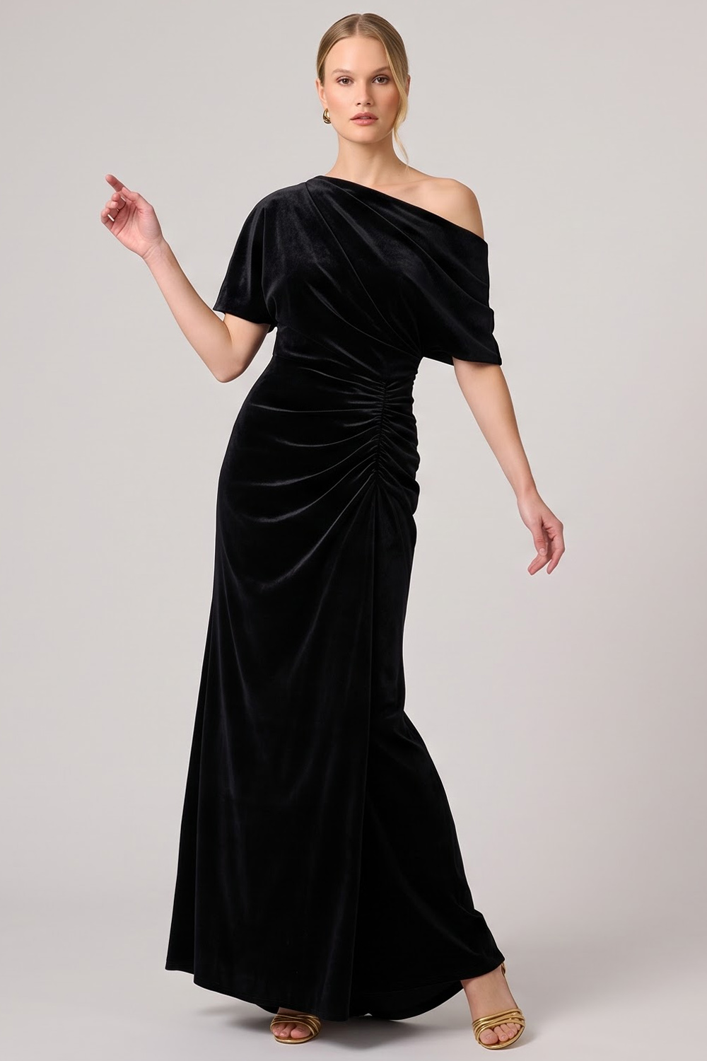 Black Sheath Asymmetrical Neck Ruched Long Formal Dress