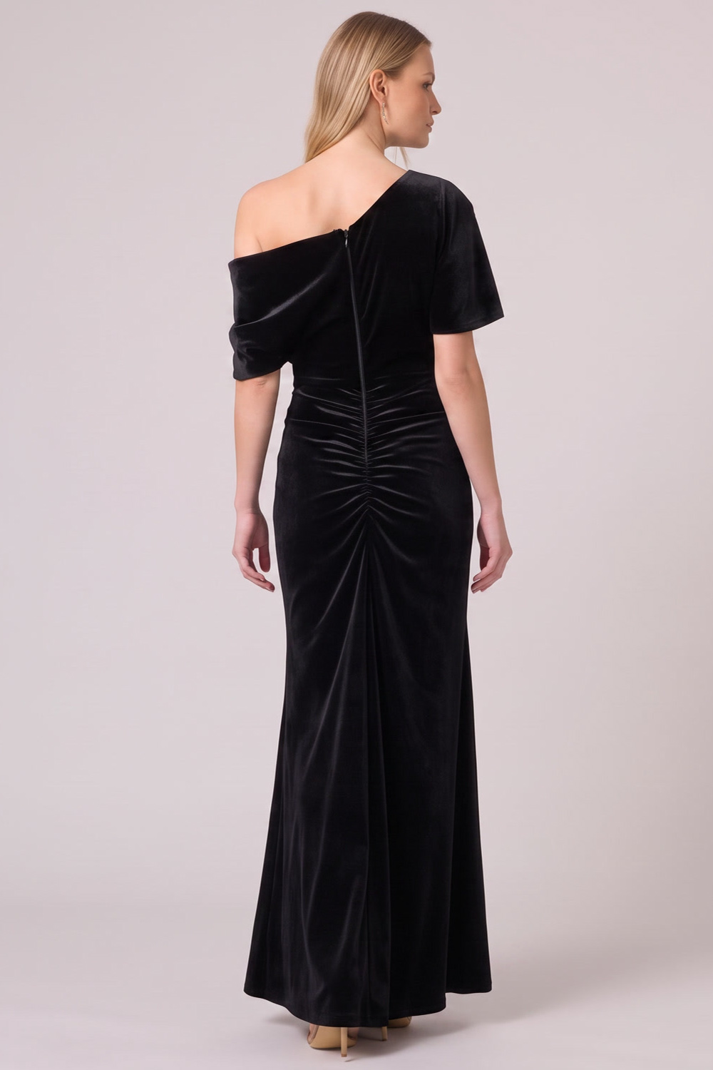Black Sheath Asymmetrical Neck Ruched Long Formal Dress