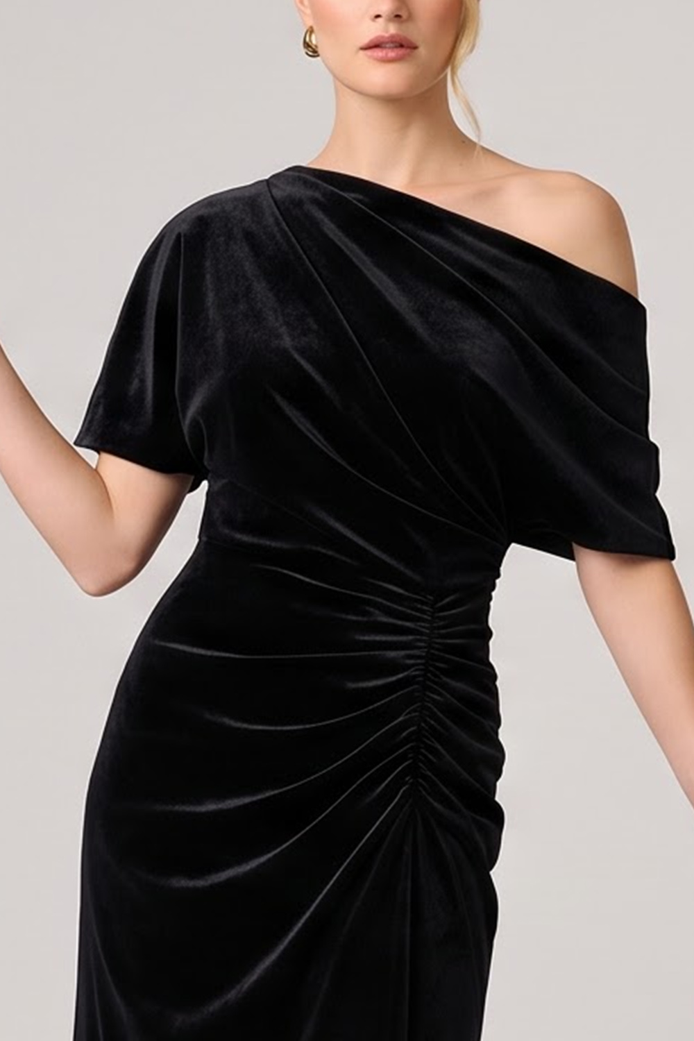 Black Sheath Asymmetrical Neck Ruched Long Formal Dress