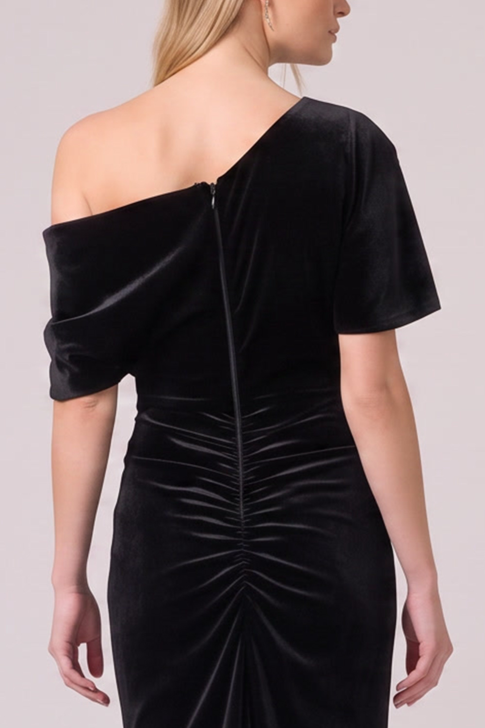 Black Sheath Asymmetrical Neck Ruched Long Formal Dress