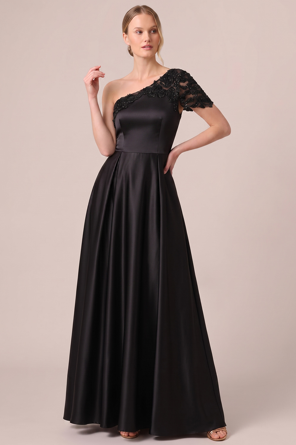 Black A-Line One Shoulder Satin Long Formal Dress with Beading