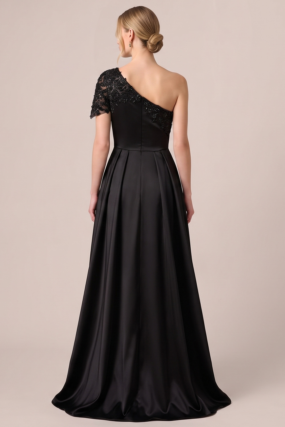 Black A-Line One Shoulder Satin Long Formal Dress with Beading
