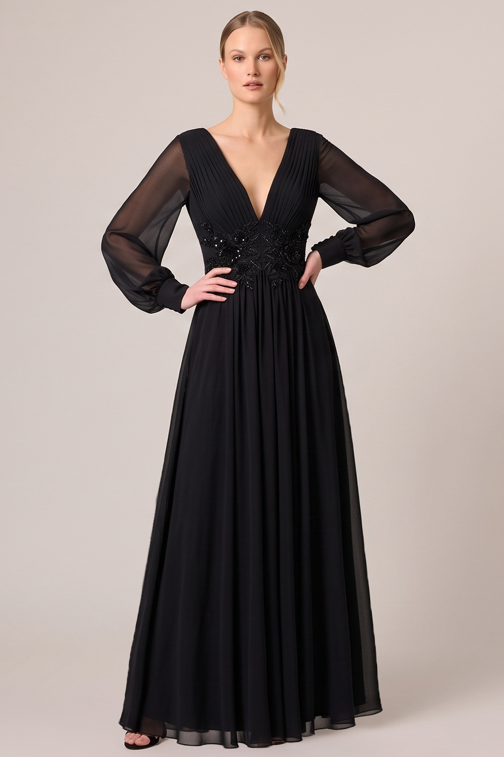 Black A-Line V-Neck Ruched Long Formal Dress with Sequins
