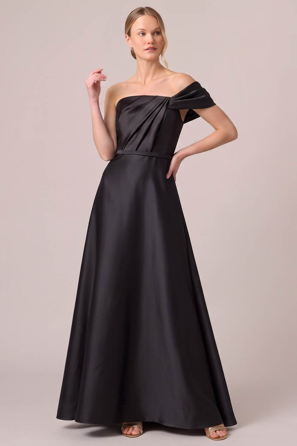 Black A-Line Ruched One Shoulder Long Formal Dress
