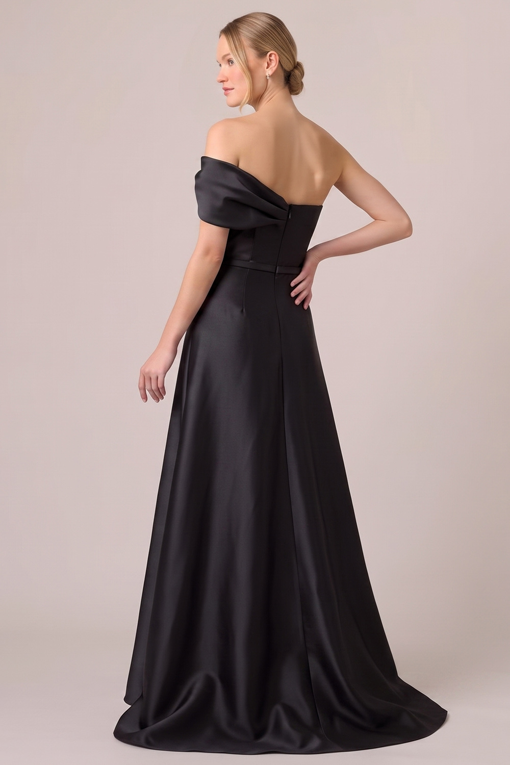 Black A-Line Ruched One Shoulder Long Formal Dress