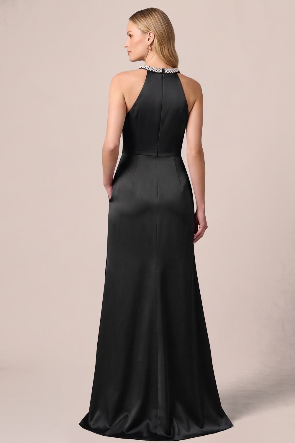 Black A Line Halter Long Formal Dress with Slit