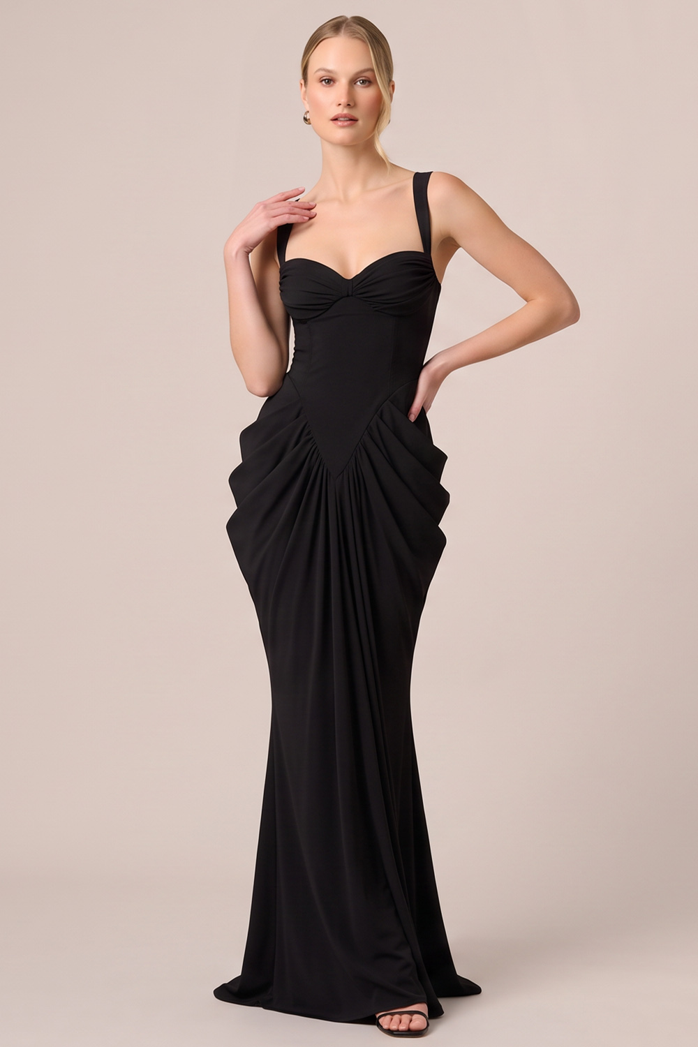 Black Thick Straps Ruched Long Formal Dress