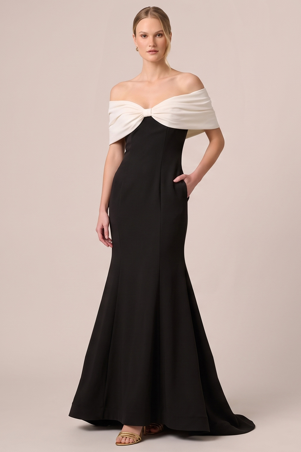 Black White Mermaid Off the Shoulder Long Formal Dress with Bow