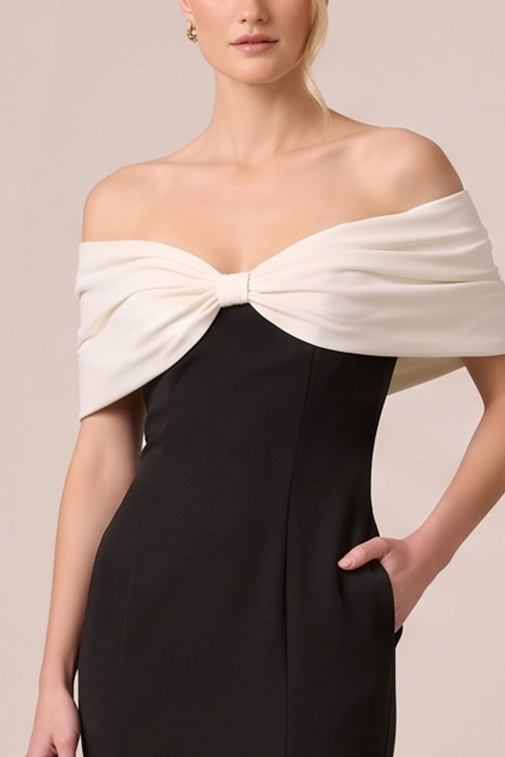 Black White Mermaid Off the Shoulder Long Formal Dress with Bow