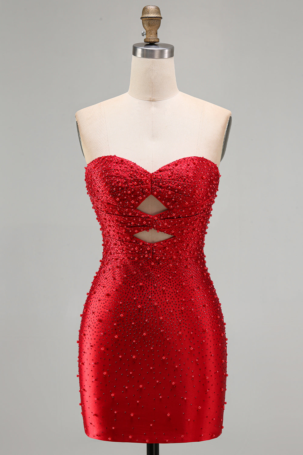 Red Satin Sparkly Tight Keyhole Short Beaded Homecoming Dress