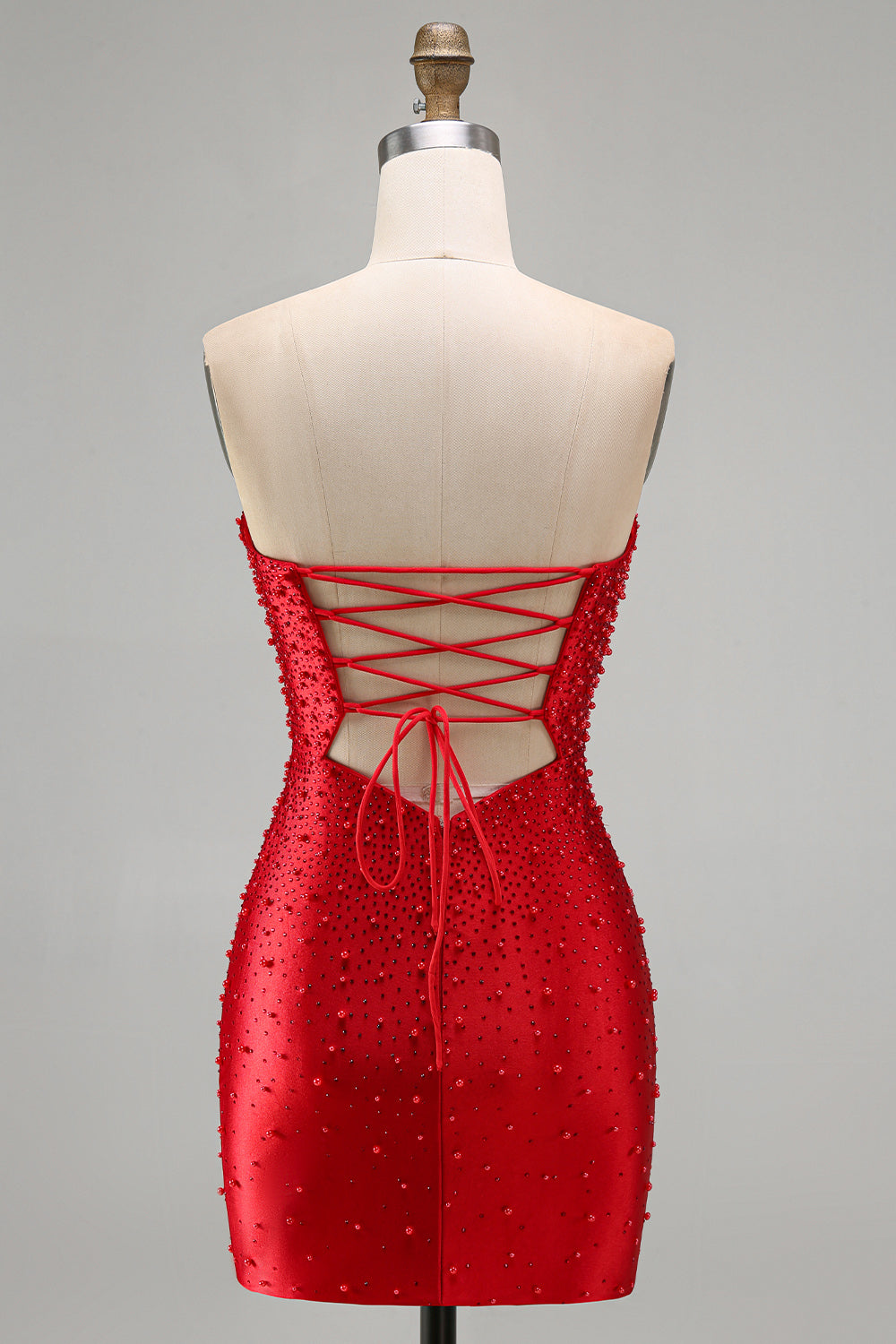 Red Satin Sparkly Tight Keyhole Short Beaded Homecoming Dress