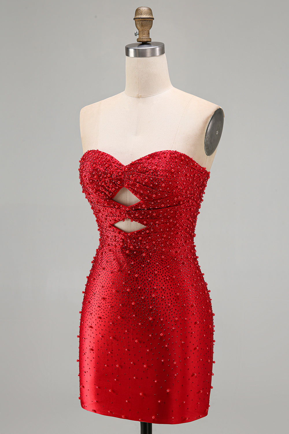 Red Satin Sparkly Tight Keyhole Short Beaded Homecoming Dress