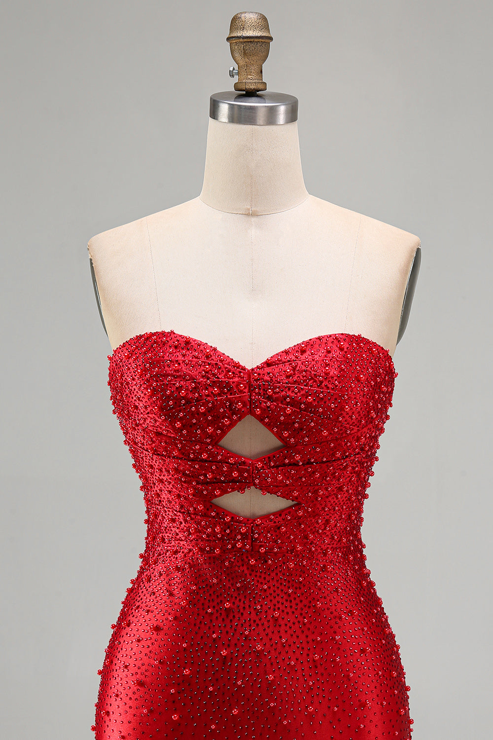 Red Satin Sparkly Tight Keyhole Short Beaded Homecoming Dress