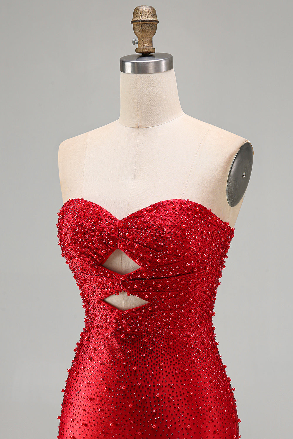 Red Satin Sparkly Tight Keyhole Short Beaded Homecoming Dress