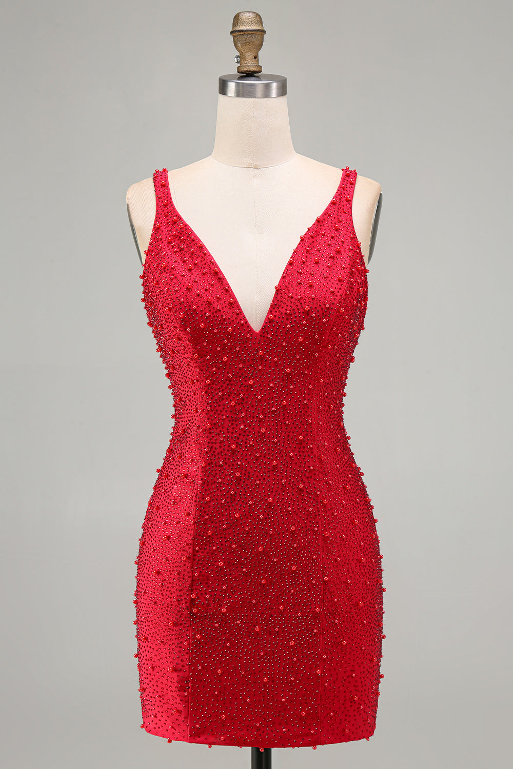 Sparkly Red Tight Beaded V-Neck Short Homecoming Dress