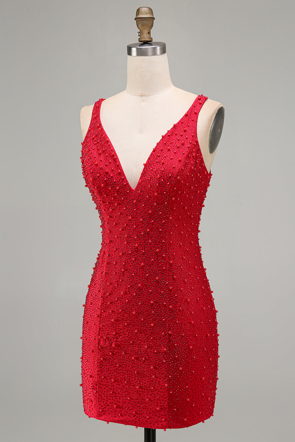Sparkly Red Tight Beaded V-Neck Short Homecoming Dress