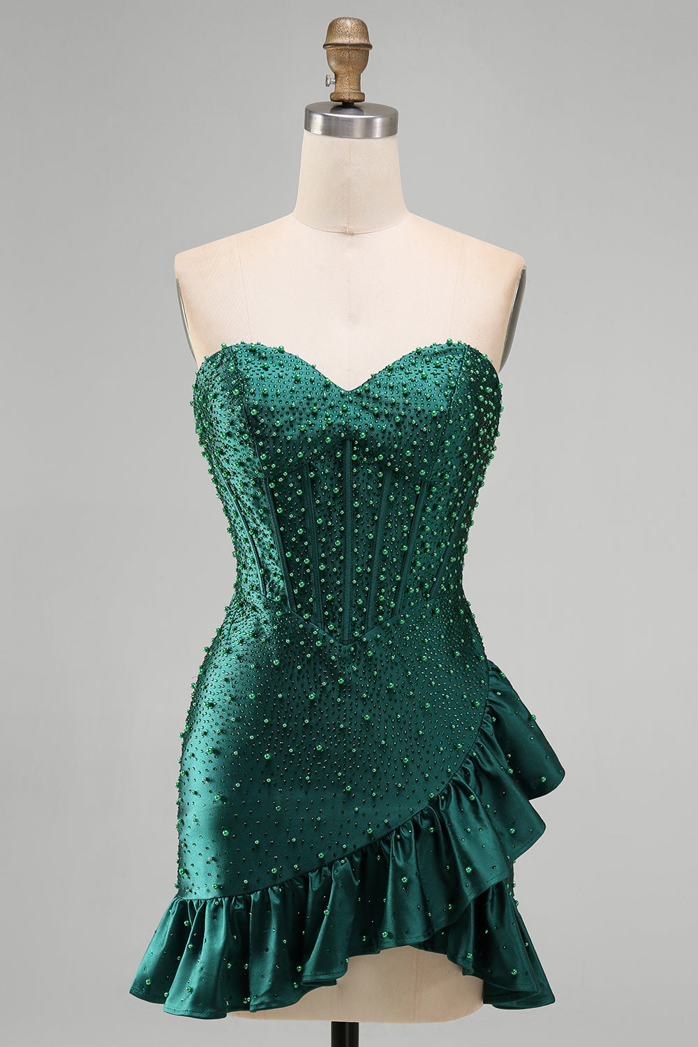 Sparkly Dark Green Tight Ruffled Sweetheart Short Corset Homecoming Dress