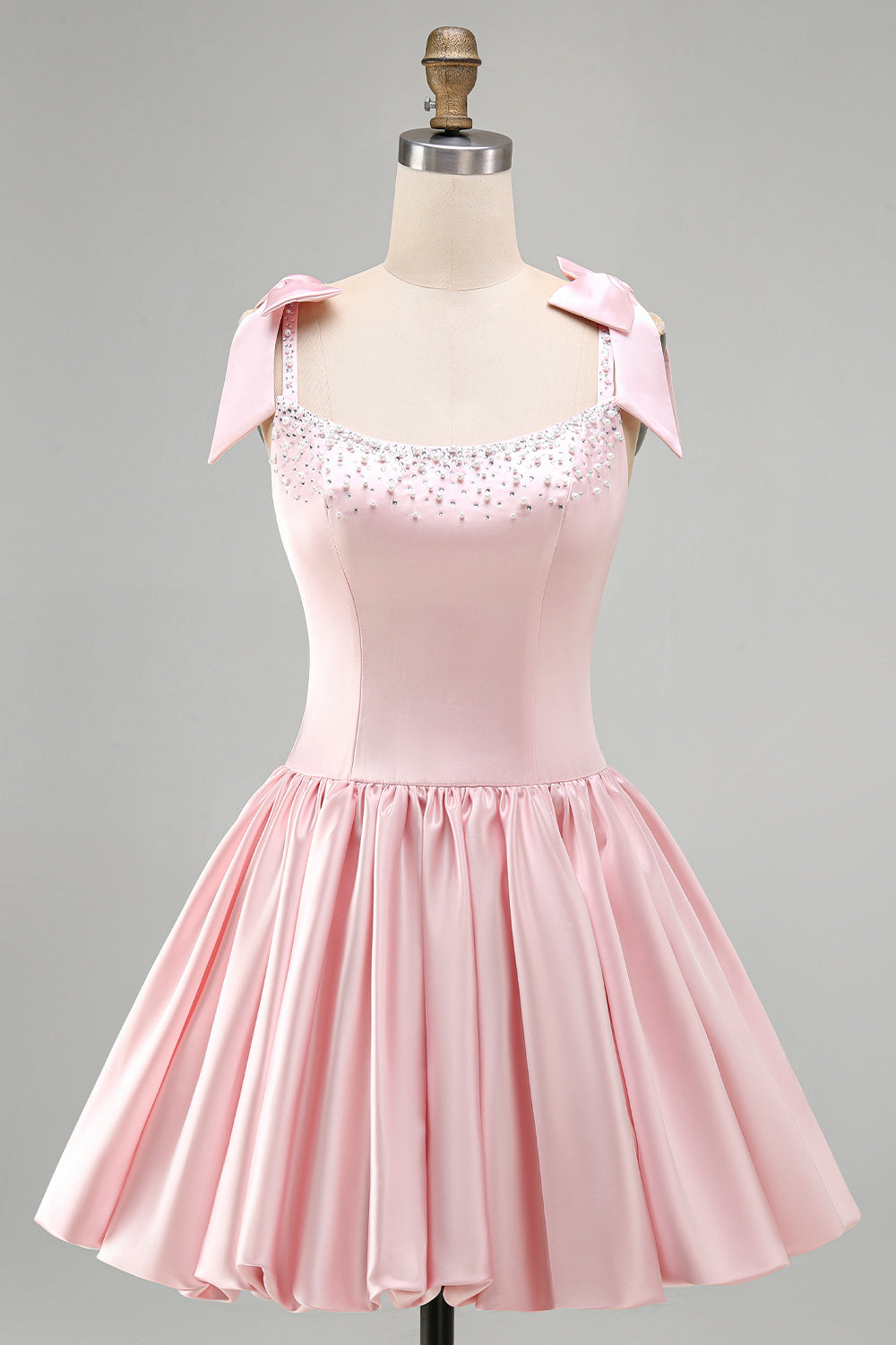 Pink Beaded A Line Satin Short Homecoming Dress with Bows