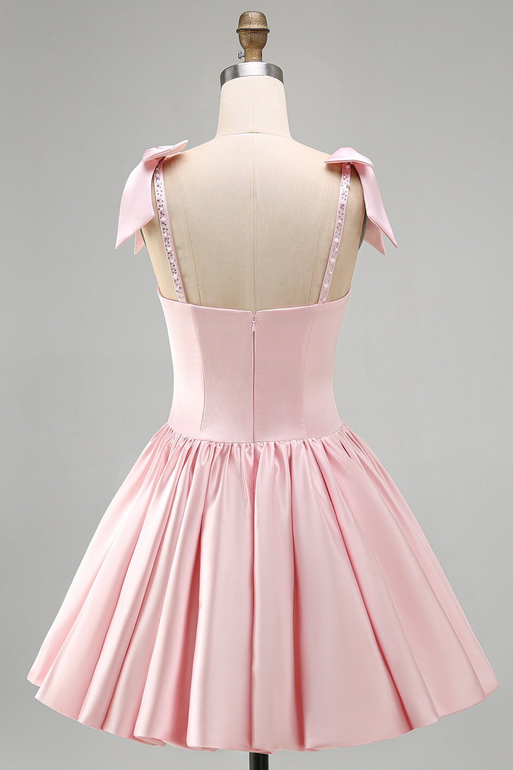Pink Beaded A Line Satin Short Homecoming Dress with Bows