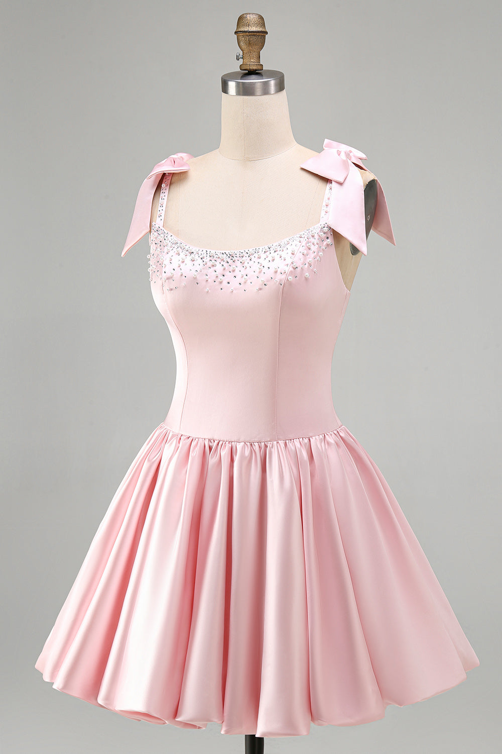 Pink Beaded A Line Satin Short Homecoming Dress with Bows
