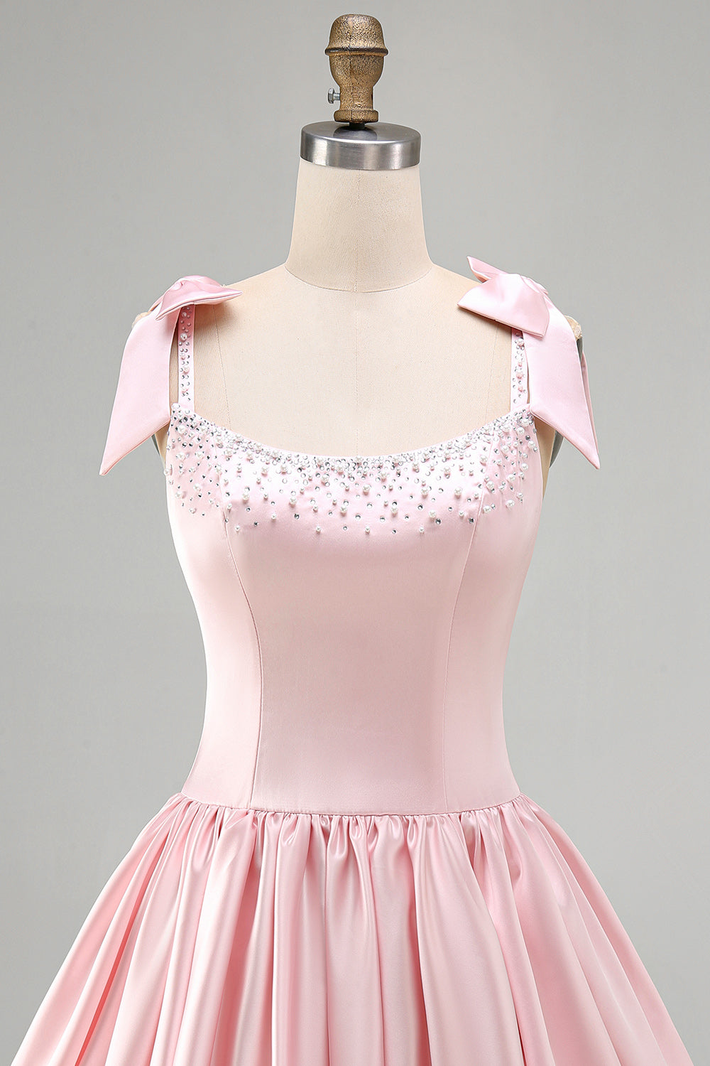 Pink Beaded A Line Satin Short Homecoming Dress with Bows