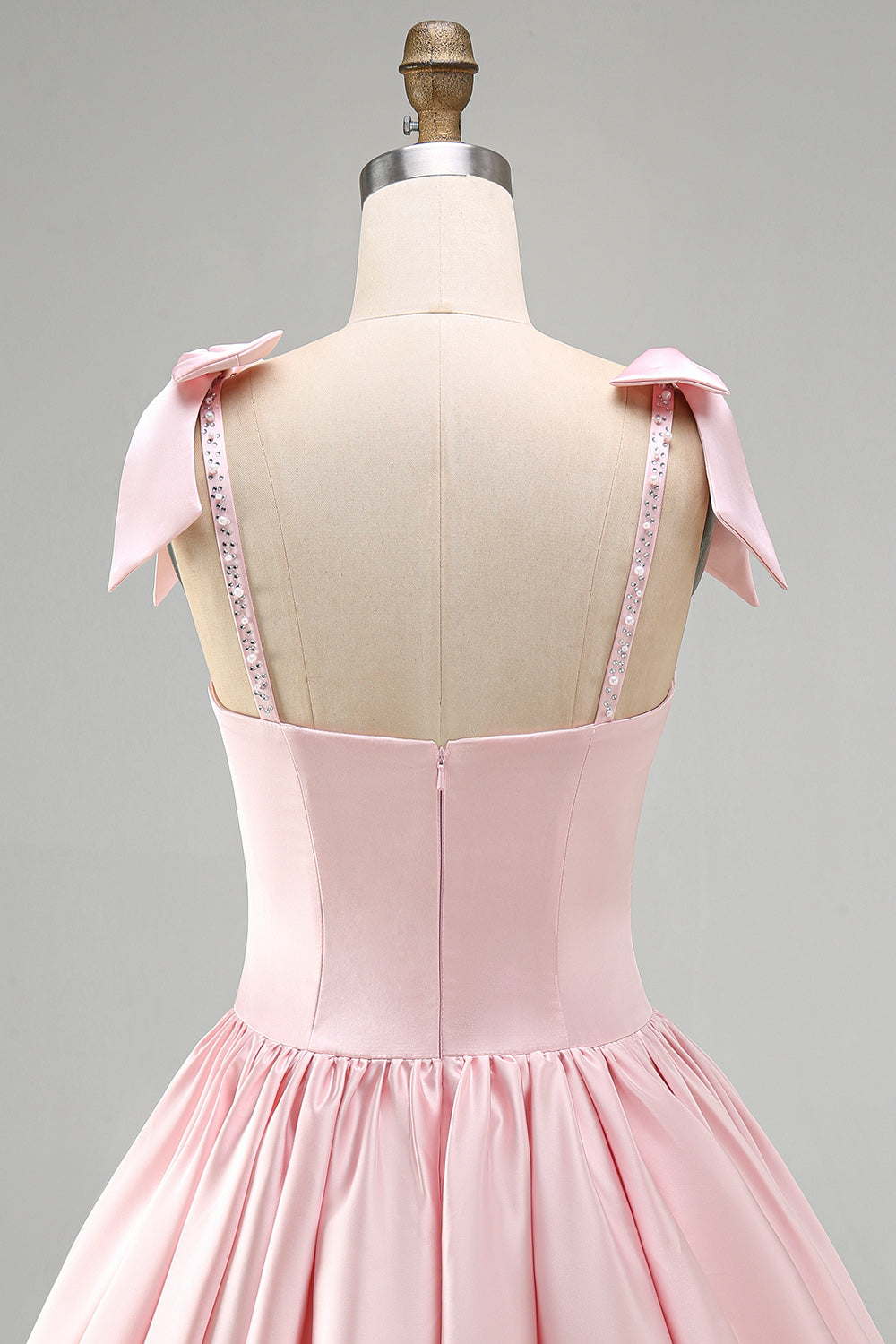 Pink Beaded A Line Satin Short Homecoming Dress with Bows
