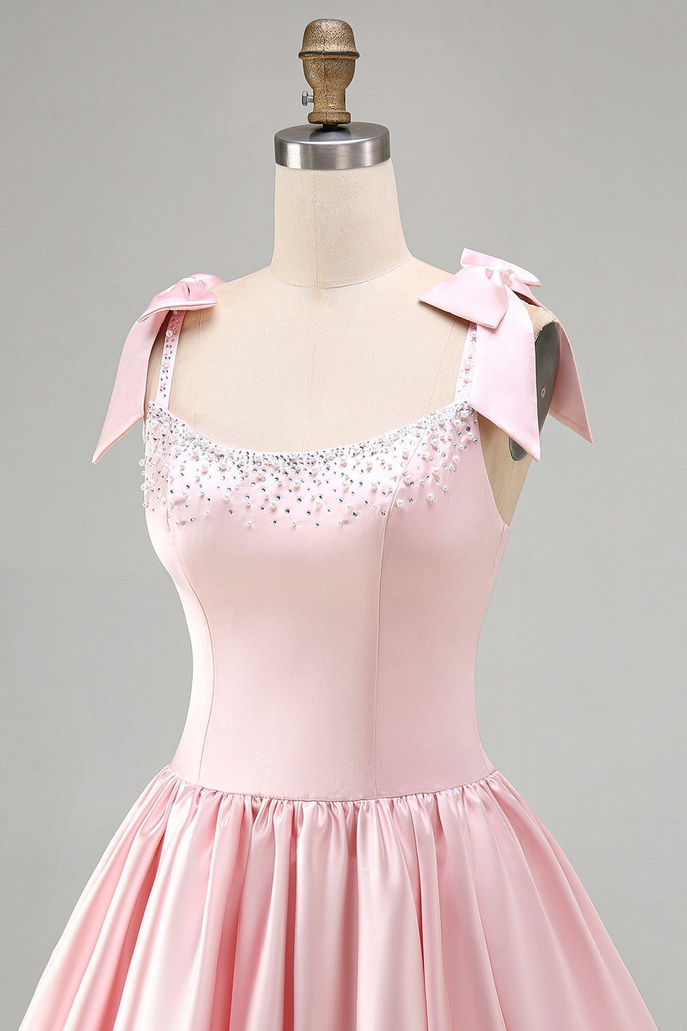 Pink Beaded A Line Satin Short Homecoming Dress with Bows