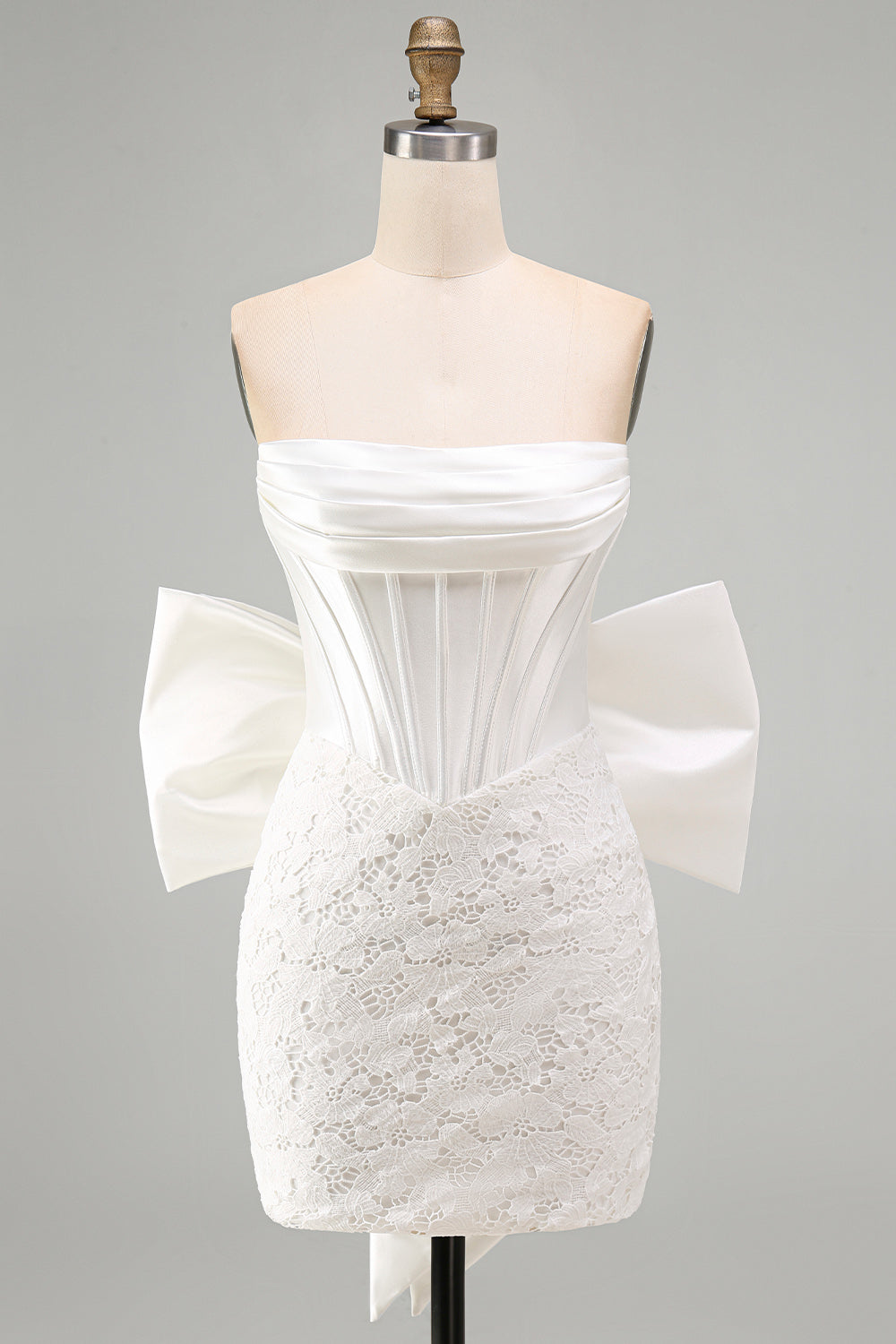 White Corset Tight Lace Ruched Strapless Short Homecoming Dress with Bow