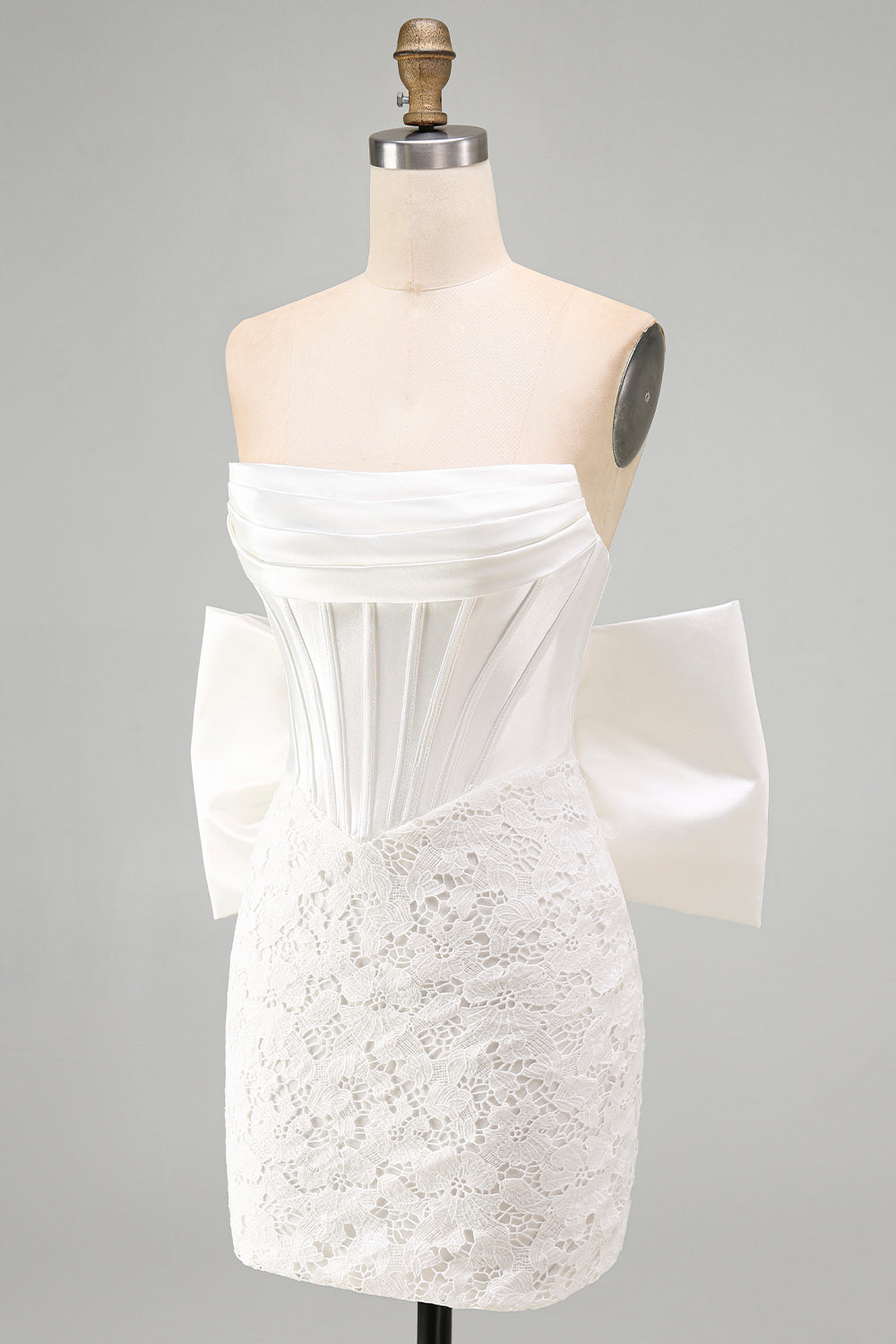 White Corset Tight Lace Ruched Strapless Short Homecoming Dress with Bow