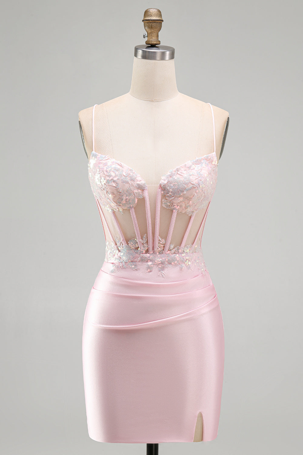 Sparkly Tight Sequin Pink Satin Short Corset Homecoming Dress with Slit
