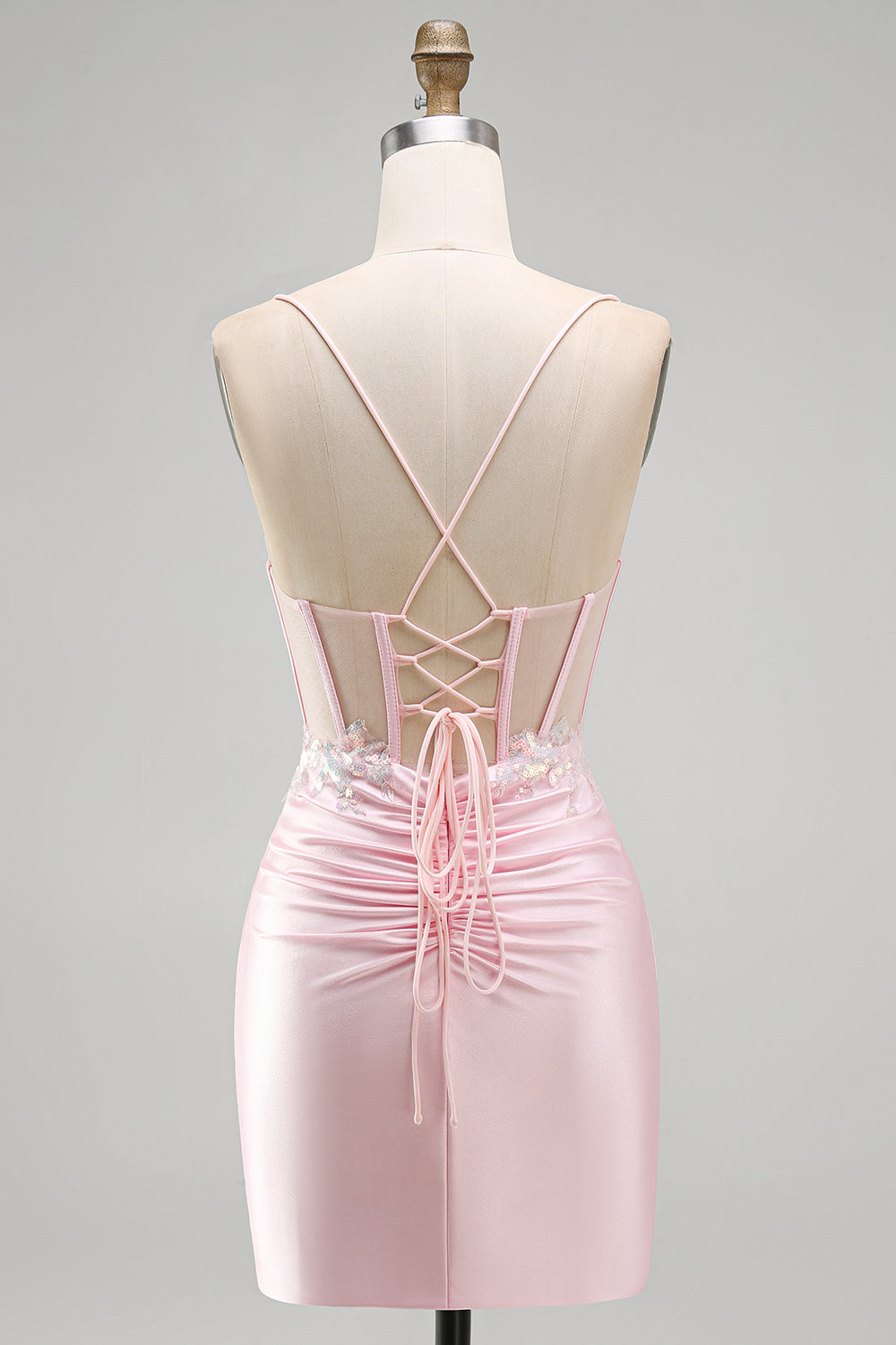 Sparkly Tight Sequin Pink Satin Short Corset Homecoming Dress with Slit