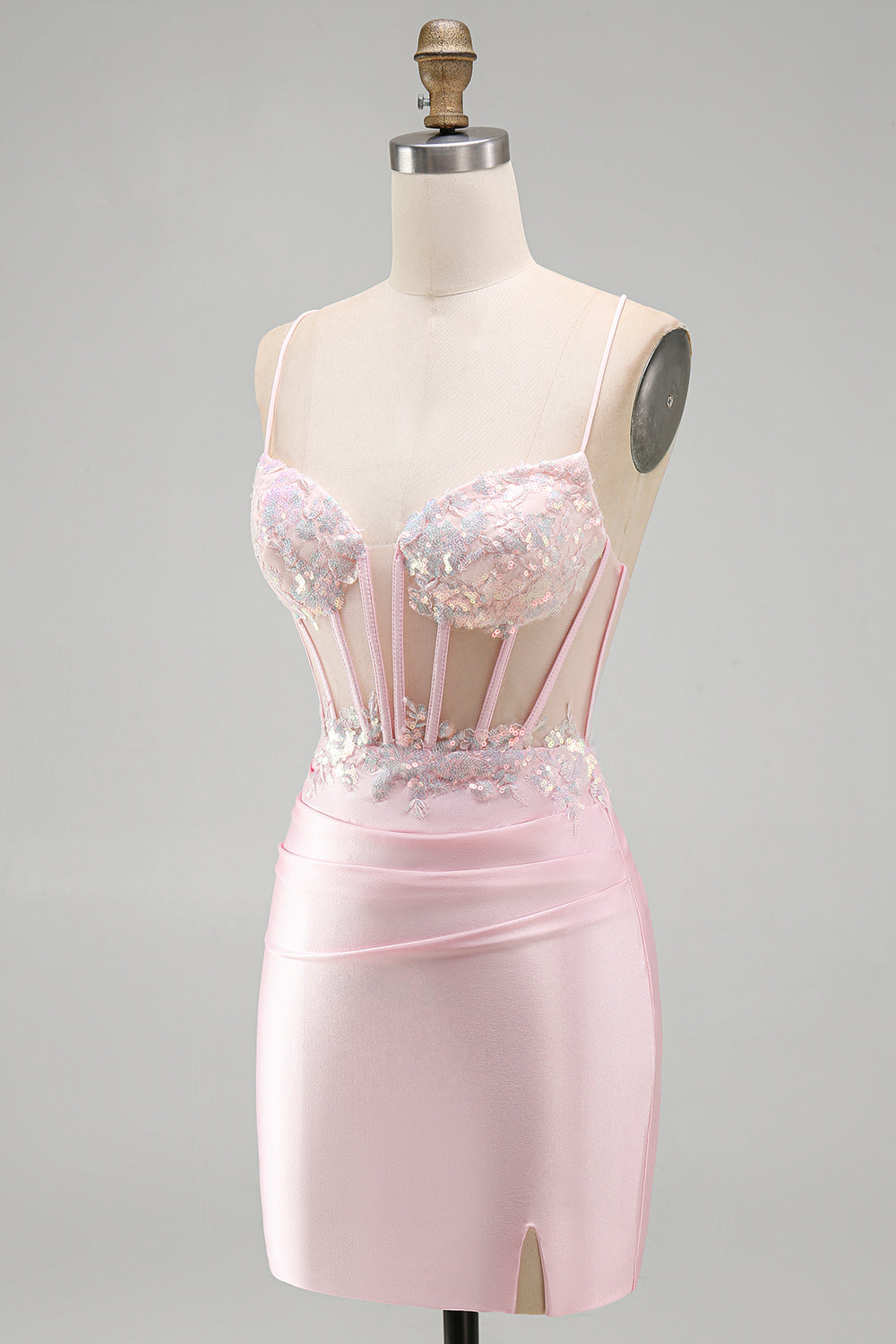 Sparkly Tight Sequin Pink Satin Short Corset Homecoming Dress with Slit
