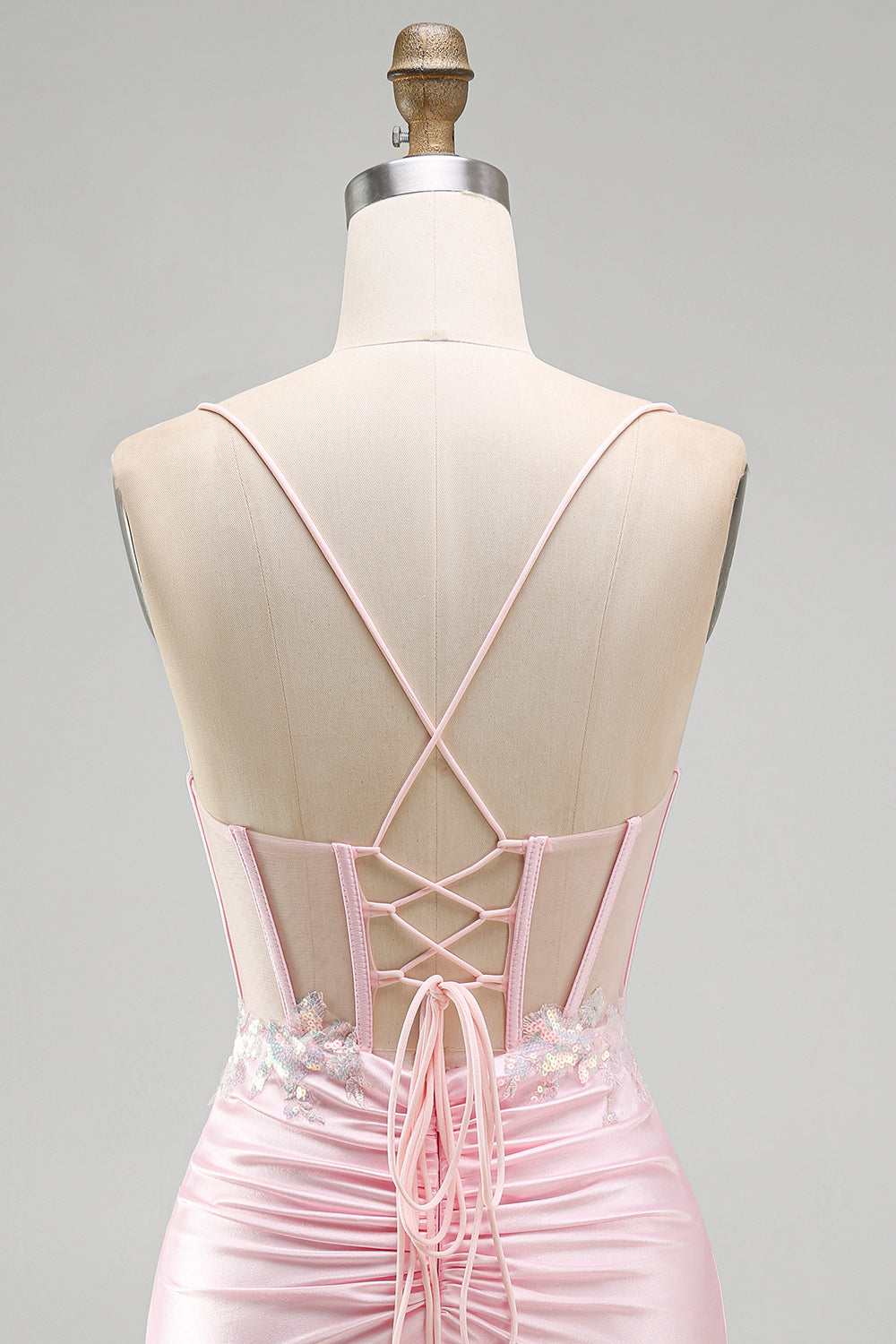Sparkly Tight Sequin Pink Satin Short Corset Homecoming Dress with Slit