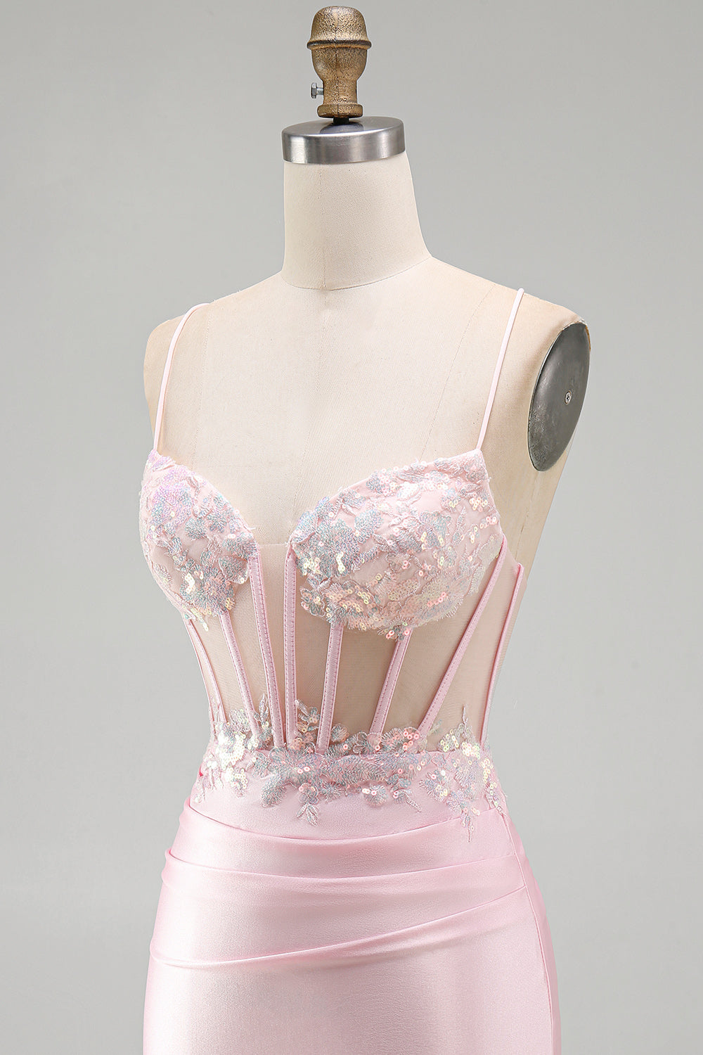 Sparkly Tight Sequin Pink Satin Short Corset Homecoming Dress with Slit