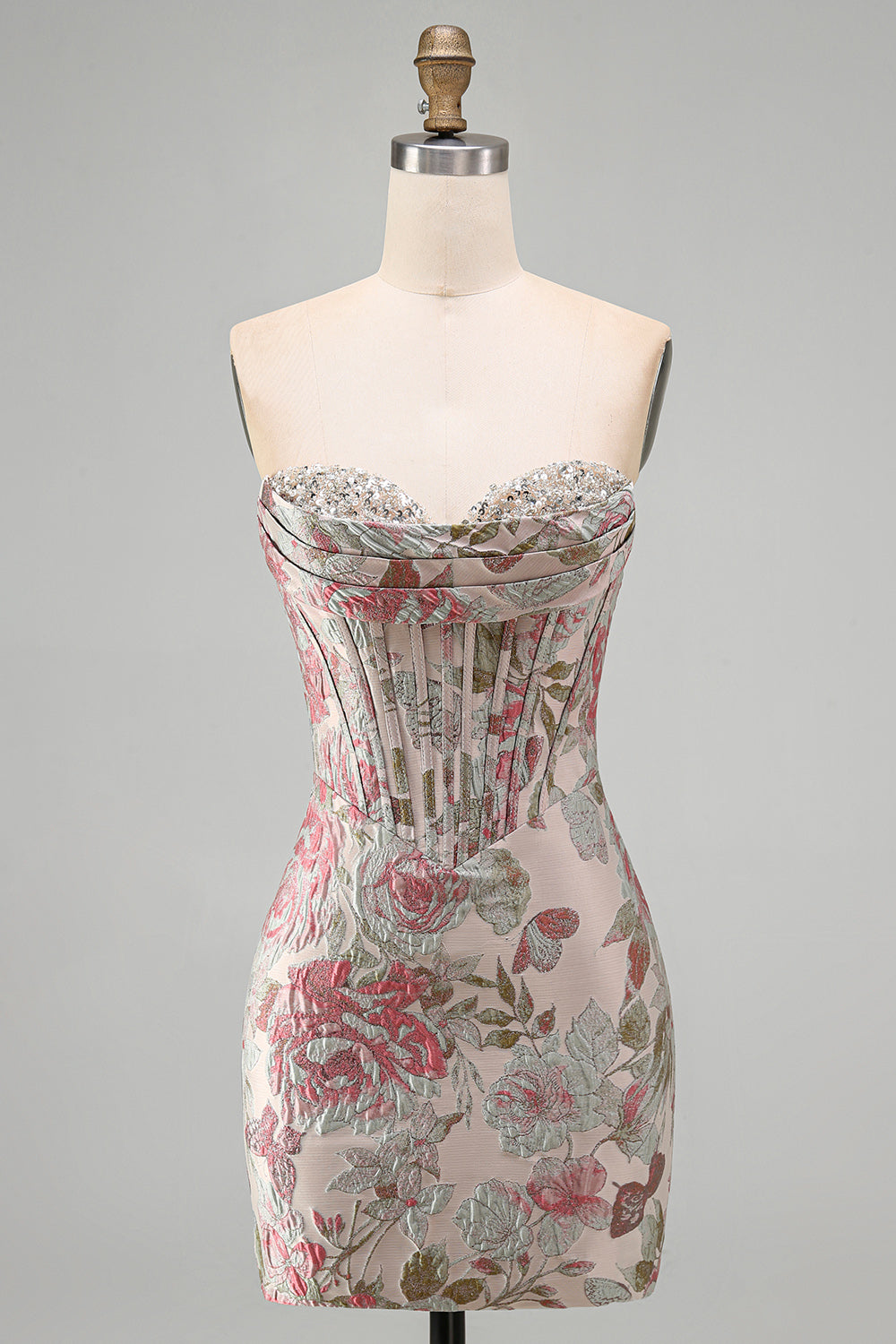 Pink Flower Jacquard Corset Sweetheart Short Tight Homecoming Dress