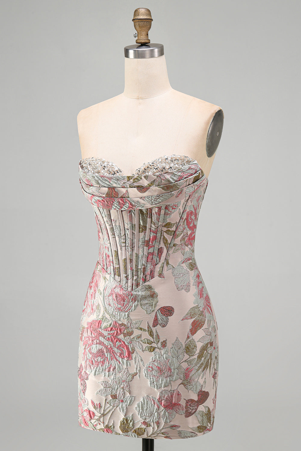 Pink Flower Jacquard Corset Sweetheart Short Tight Homecoming Dress